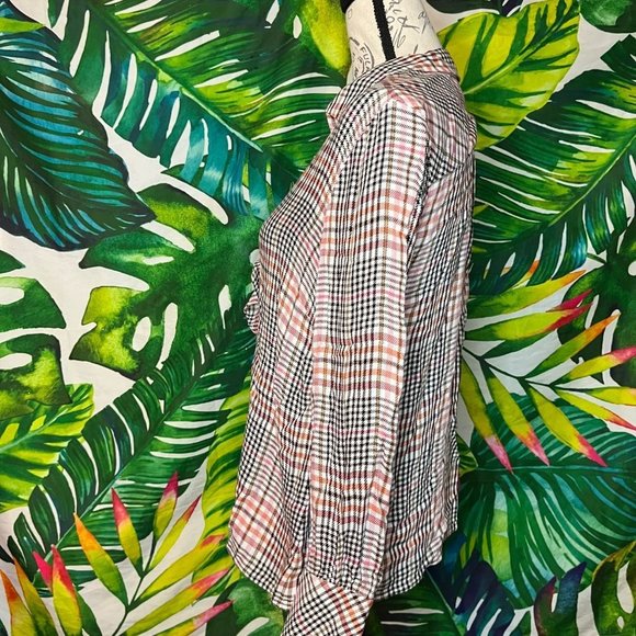 GUC $89 J.Jill Women's SP Ruffle Beige Black Front Plaid Button Down Shirt - Picture 3 of 8